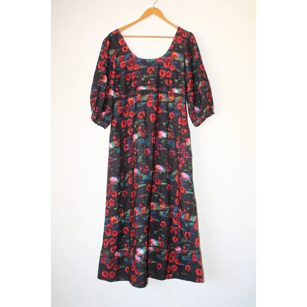 RACHEL COMEY RED FLORAL MAXI DRESS PUFF SLEEVE SIZE 6/M POCKETS PRAIRIE PEASANT